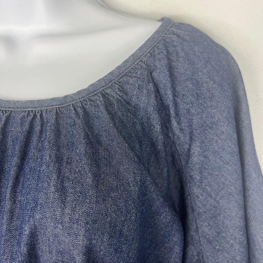 Eloquii Denim-Look Tie-Waist Peasant Blouse in Dark Blue - Picture 6 of 14